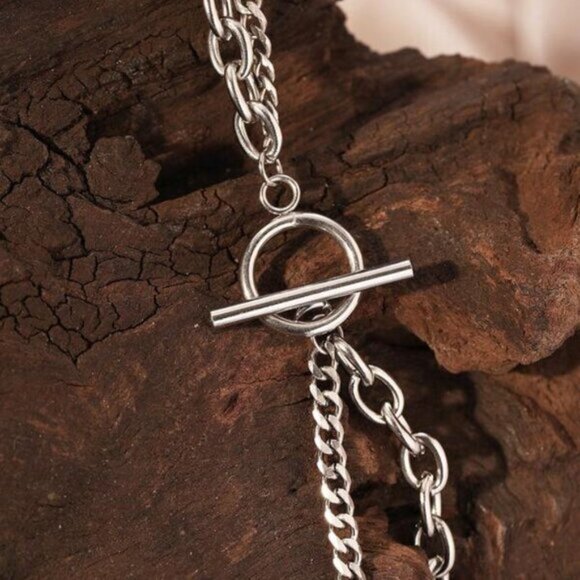 Sterling Silver 925 Double Chain Toggle Necklace - Picture 2 of 4
